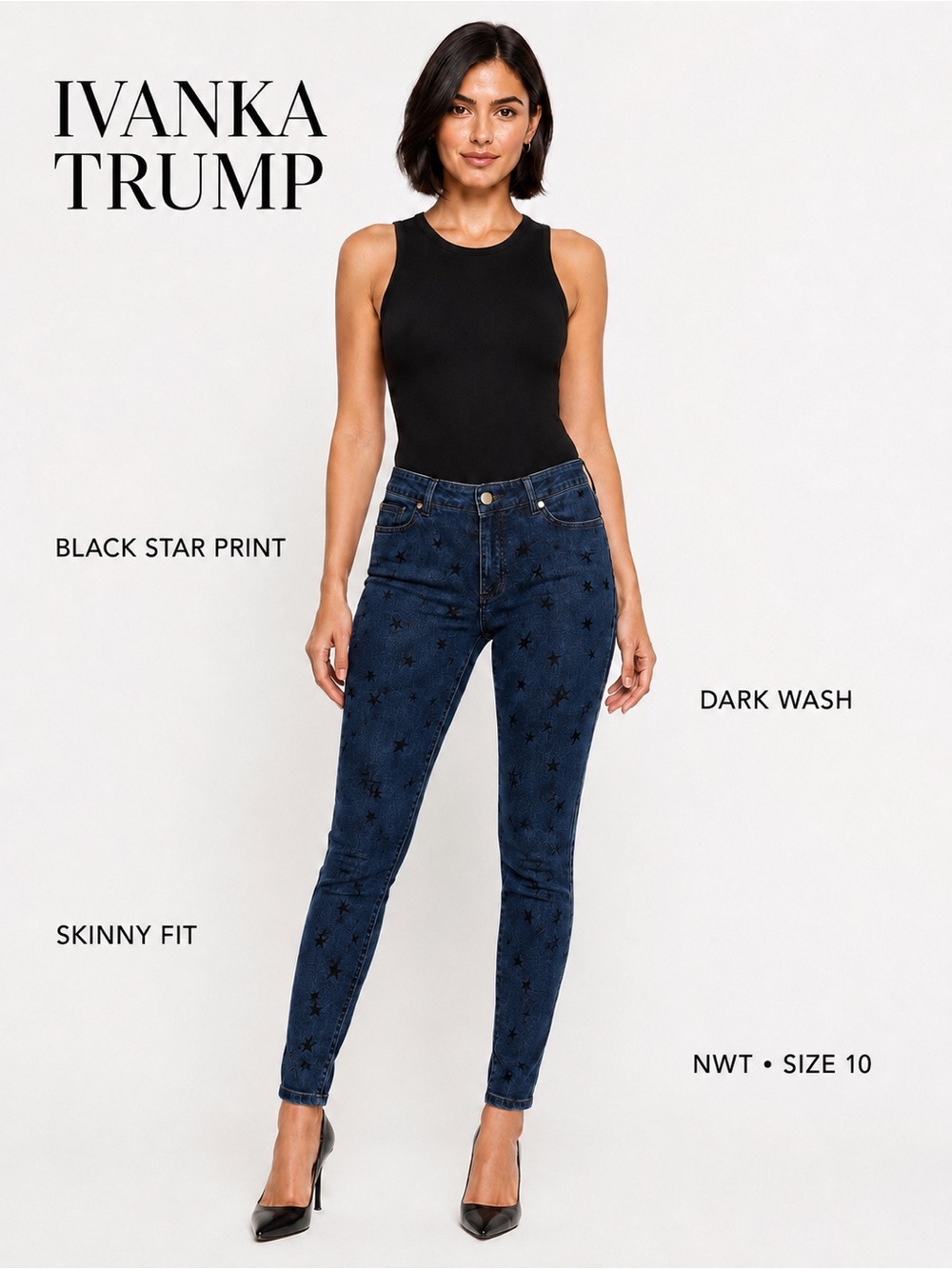 Ivanka Trump NWT Size 10 Dark Wash Black Star Print Skinny Jeans